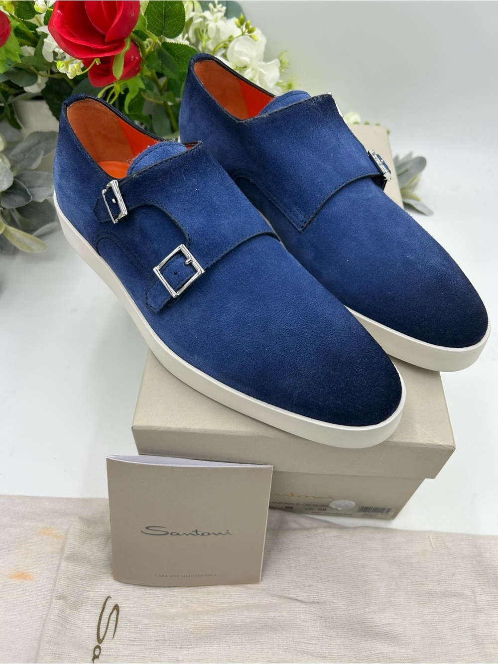 Men's Santoni blue suede Atlantis double Monk strap shoes size 9 US made Italy